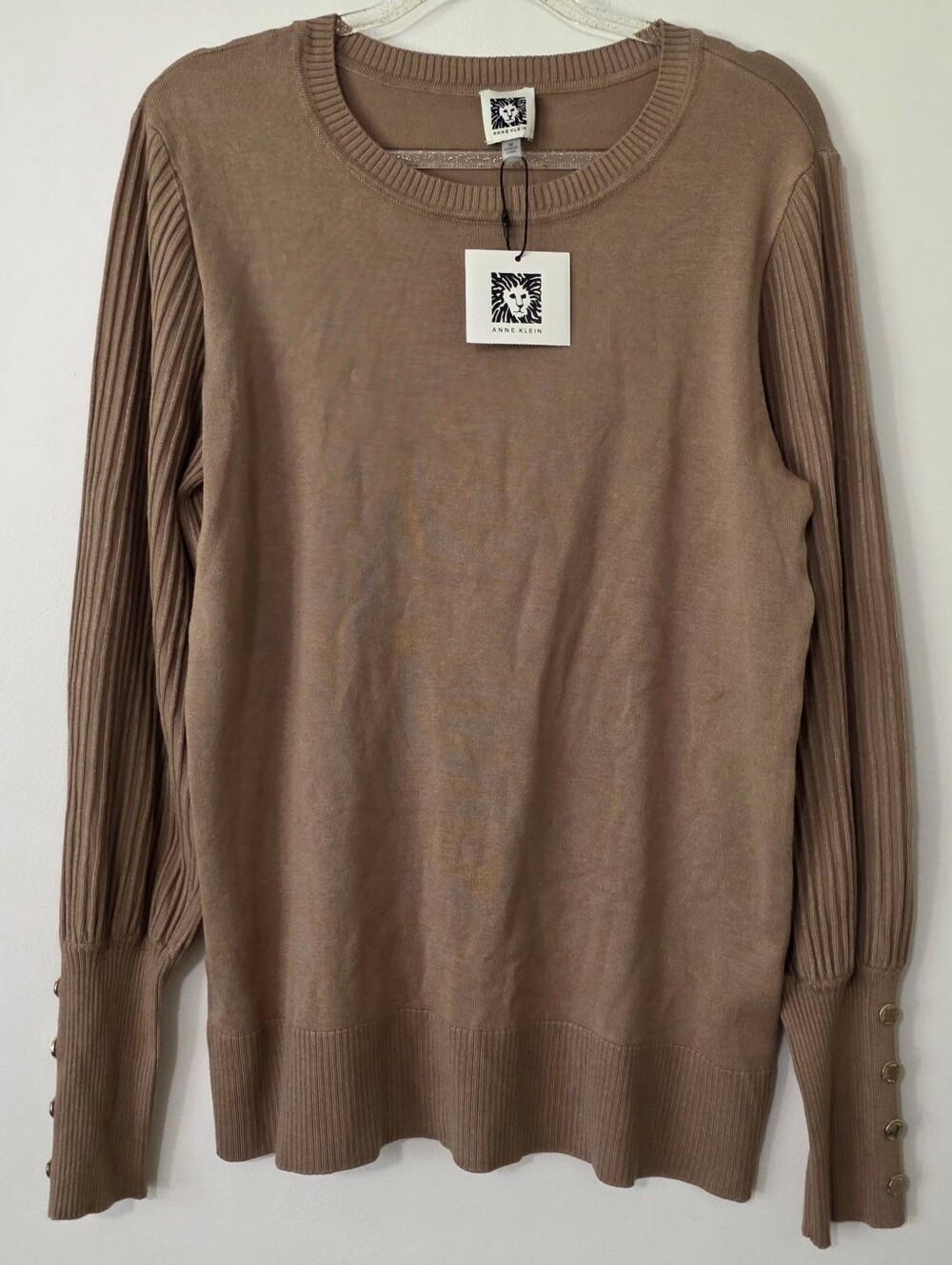 NWT Anne Klein Ribbed Crewneck Sweater Button Cuff Earthcore Quiet Luxury Medium